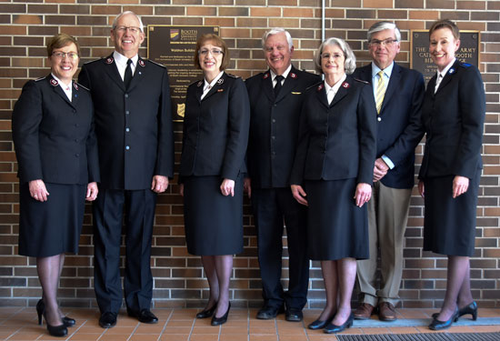 Commissioners Rosalie and Brian Peddle; Commissioner Susan McMillan; Commissioners John and Helen Waldron; Dr. Don Burke; and Dr. Marjory Kerr, with the building dedication plaque