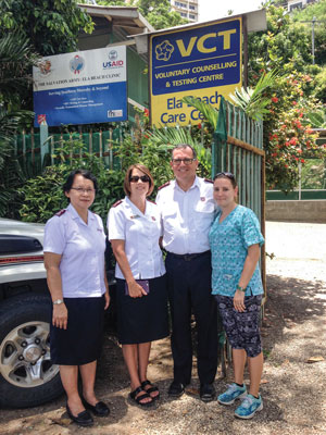 Nurse April Barthau, right, takes Lt-Col Dina Ismael, chief secretary, Papua New Guinea Tty, and Comrs Tracey and Floyd Tidd, national leaders of The Salvation Army in Australia, on a tour of the Ela Beach Clinic in Port Moresby