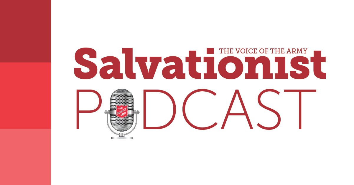 A graphic with the Salvationist Podcast logo that reads "The Voice of the Army: Salvationist Podcast". In place of one of the letters of "Podcast", is a microphone. 