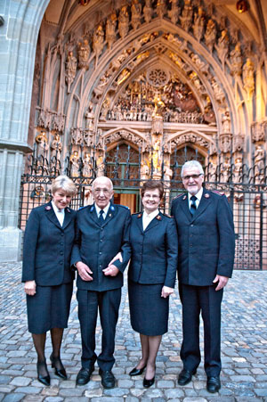 Commissioner Hanny Boschung (Territorial President of Women's Ministries), Emil Ramsauer, General Linda Bond and Territorial Commander Commissioner Franz Boschung outside Berne Cathedral