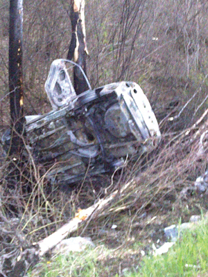 The mangled, burnt-out wreck of Ellwood's car