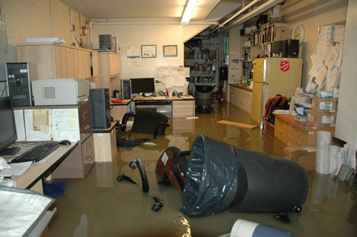 A flooded office in the basement of Calgary's Centre of Hope