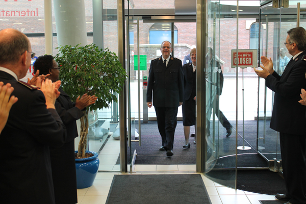 General André Cox and Commissioner Silvia Cox (World President of Women's Ministries) arrive at IHQ
