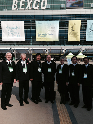 Lt-Colonel Jim Champ, Major John Read, Commissioner Bill Cochrane and Commissioner Vibeke Krommoenhoek, with officers from South Korea, attend the assembly of the World Council of Churches in South Korea