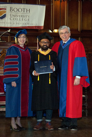 New graduate Ben Capili with Commissioner Susan McMillan and Dr. Donald Burke