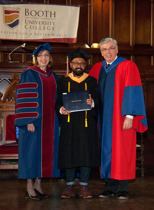 Ben Capili receives the Chancellor's Award from Commissioner Susan McMillan, territorial commander, and Dr. Donald Burke, president of Booth University College, at the convocation ceremony in April