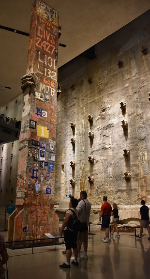 Still Standing: This 58-ton, 36-foot-tall column, known as The Last Column, was one of 47 columns that supported the inner core of the South Tower. When the tower collapsed, this column remained rooted in the bedrock. It is now housed within the 9/11 Memorial Museum