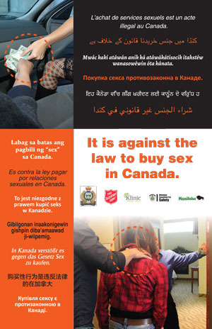 This poster states that buying sex is illegal in Canada, in 14 different languages