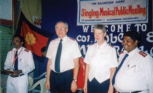 Robert and Gwenyth in India in 2003, as the General's representatives for the development of worship and evangelism through music and other creative arts, their final appointment