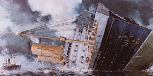 An painting of The Empress of Ireland. A large ship sinking in the ocean.