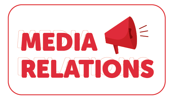 A button graphic of a megaphone and the words "Media Relations".