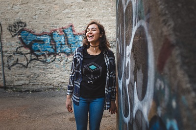 A model sports a Joyful Project t-shirt