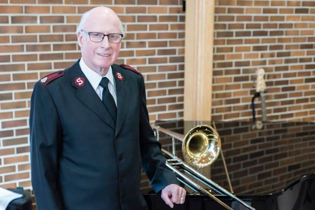  Mjr Ray Harris plays the trombone at Heritage Park Temple in Winnipeg (Photo: Carson Samson)