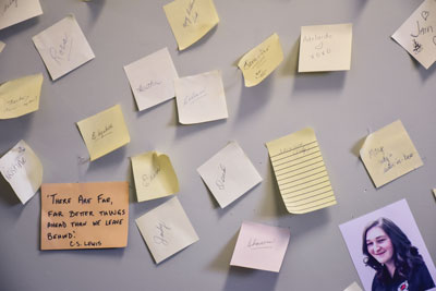 More than 50 notes—each representing a person and a prayer—make up the prayer wall in Mjr Burt’s room