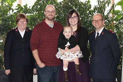 AJ, Sarah and Laura, with Sarah’s parents, Mjrs Lee Anne and Mike Hoeft, at their home corps, Saskatoon Temple