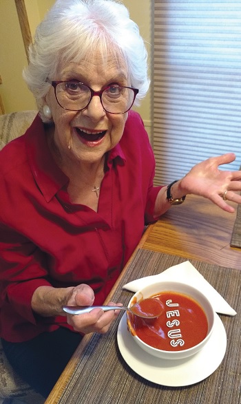 Joyce and her bowl of soup