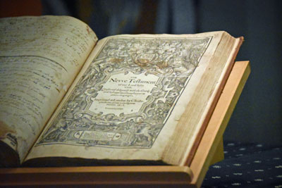 The Geneva Bible, open to the beginning of the New Testament