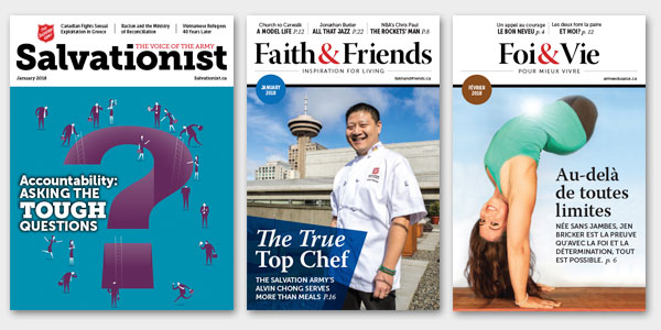 Picture of Magazine Covers. Magazines are "Salvationist, Faith & Friends, and Foi & Vie"