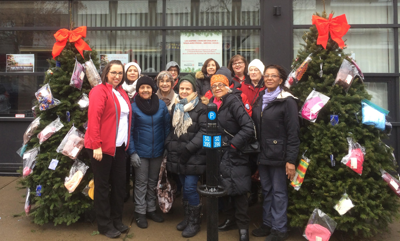 The Stitch and Chat group beside Christmas trees