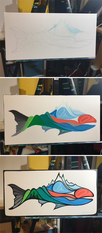 Three photos showing the development of a formline painting of a salmon