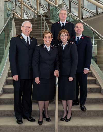 General Brian Peddle; Commissioner Rosalie Peddle, World President of Women’s Ministries; Commissioner Susan McMillan, territorial commander; Major David Williamson, private secretary to the General; Colonel Edward Hill, chief secretary 