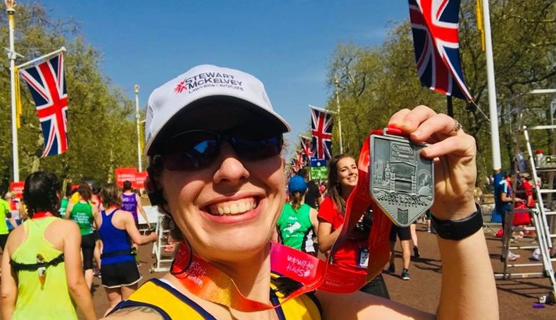 Cpt Krista Andrews at the finishing line of the London Marathon.