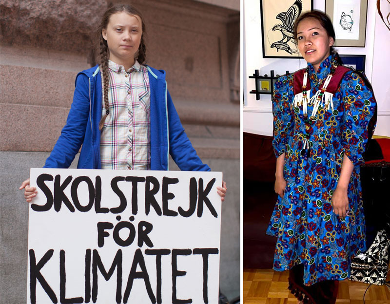 Left, Greta Thunberg holds a sign that reads "Strike for Climate"; right, Autumn Peltier