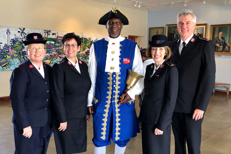 Mjr Sandra Stokes, Col Shelley Hill, Hamilton Town Crier, Comr Susan McMillan, Col Edward Hill