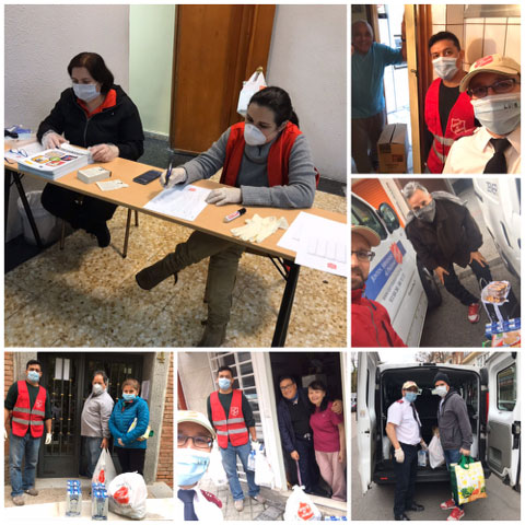 A collage shows Salvation Army workers at the food bank operation in Madrid holding a pen and paper, other staff wear masks as they load up a truck to go out into the community to distribute food