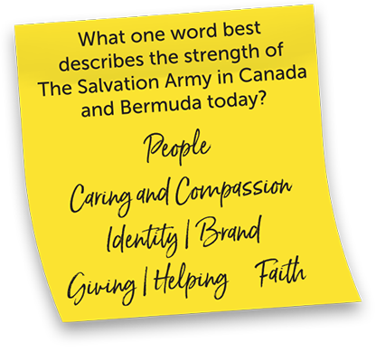 What one word describes the strength of The Salvation Army in Canada and Bermuda today? People, Caring and Compassion, Identity/Brand, Giving/Helping, Faith