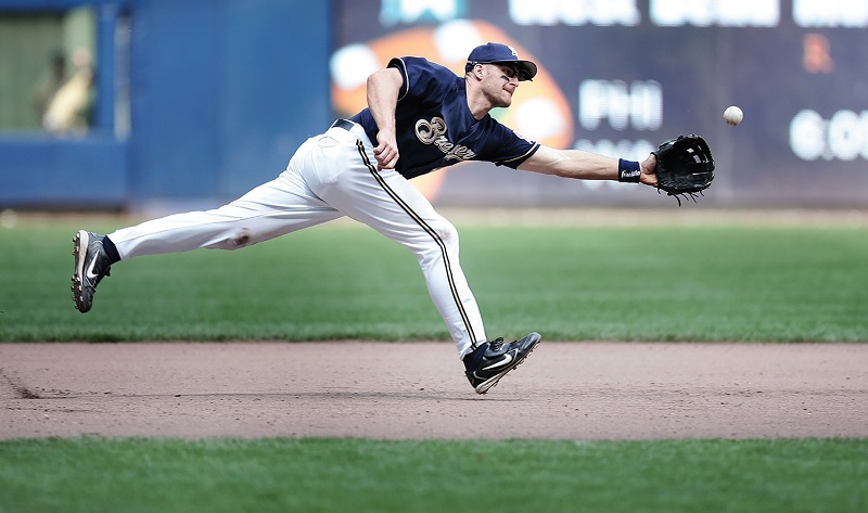 Corey Koskie catches a line drive during his playing days with the Milwaukee Brewers
