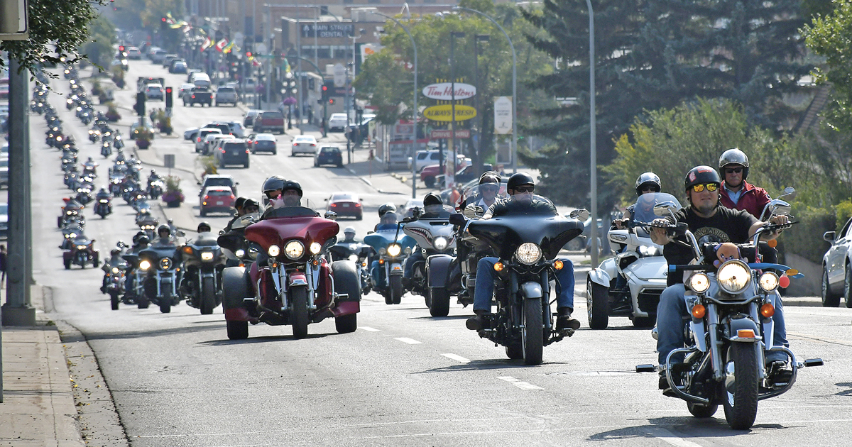 The 2021 Salvation Army toy run makes its way up Main Street in Moose Jaw, Sask.