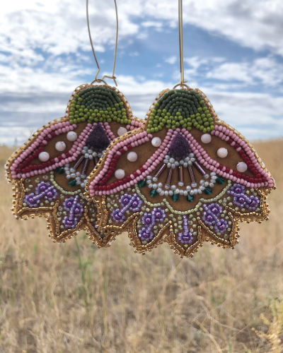 Photo of beaded earrings in green, pink and blue