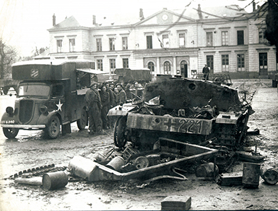 Salvation Army Red Shield canteen serving food and drink somewhere in France in late 1944