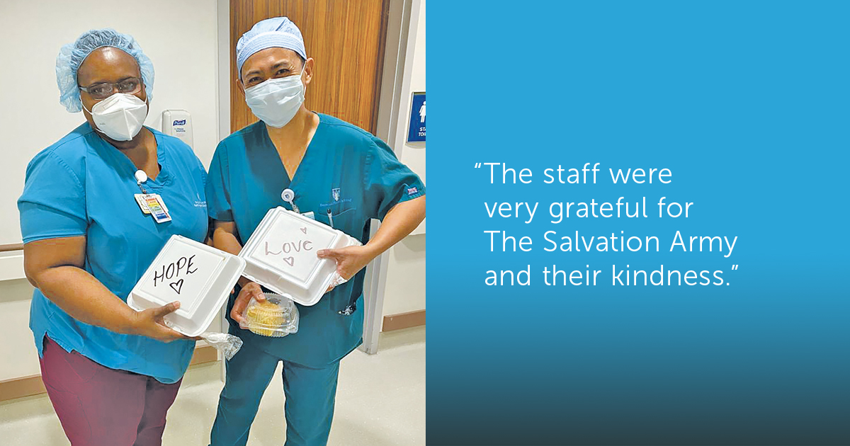 Nurses at King Edward VII Memorial Hospital in Hamilton, Bermuda, receive food boxes