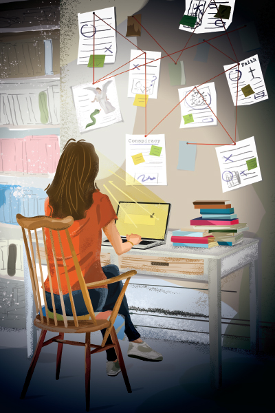 Illustration shows a woman sitting in front of a glowing computer screen, with conspiracy theory-related papers on the walls surrounding her 