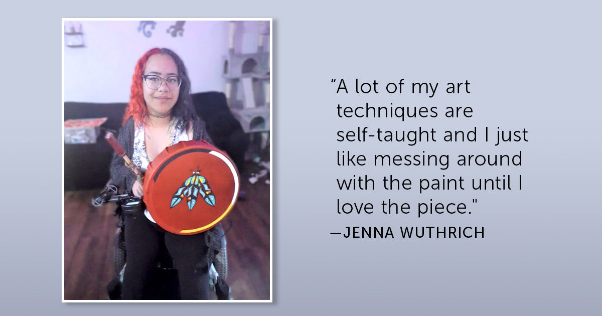 Jenna Wuthrich is seen with her latest creation, a hand-painted drum 