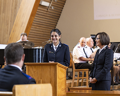 Cdt Gladis Koshkarian (left), shown with Commissioner Tracey Tidd, shares about the blessings she has received from God