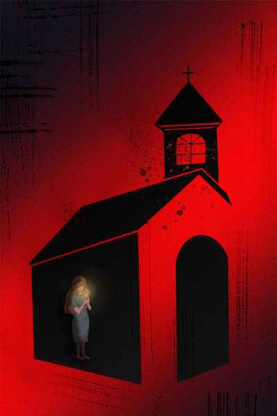 Illustration of a woman holding a candle in a church, with a red background
