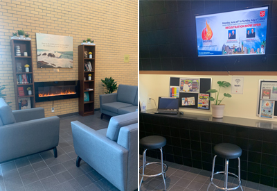 The renovated foyer features comfortable seating, a fireplace and free Wi-Fi