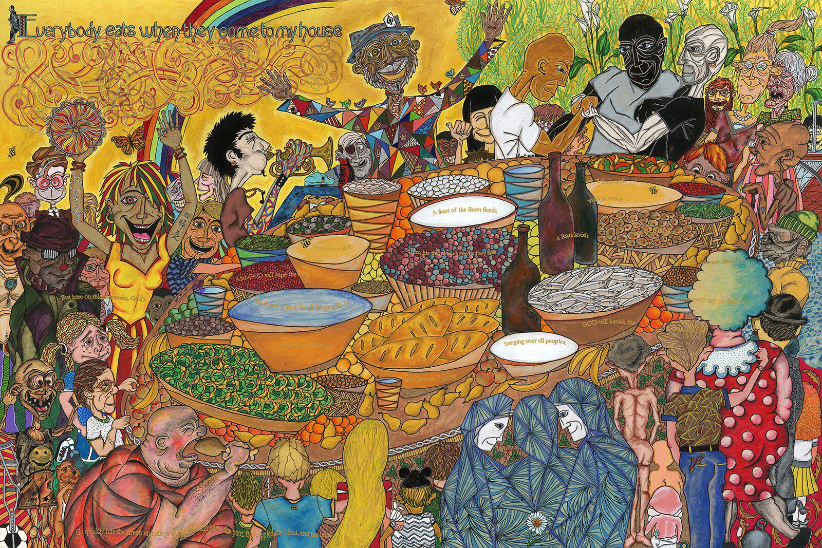 A brightly coloured painting of a group of people eating a meal together