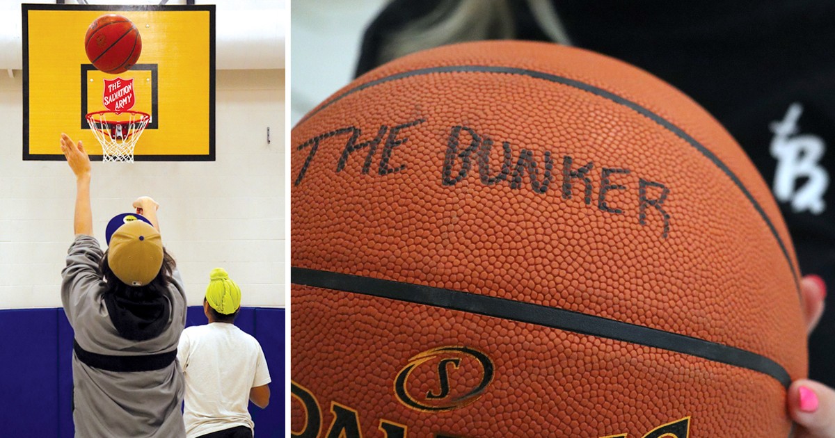 Shooting hoops at The Bunker, a youth drop-in program at St. Albert Church and Community Centre, Alta.