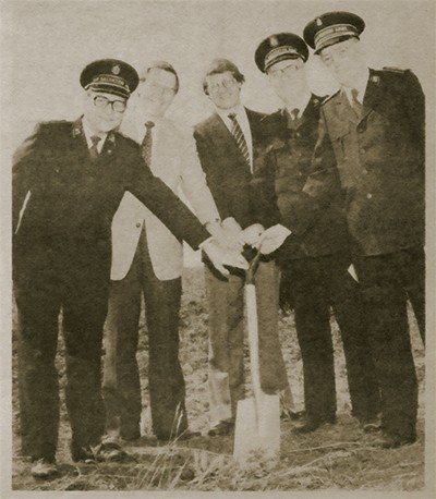) Sharing in the sod-turning at the future site of the Catherine Booth Bible College in 1982 are, from left, then retired General Arnold Brown; William Norrie, mayor of Winnipeg; Lloyd Axworthy, member of Parliament; General Jarl Wahlstrom; and Comr John D. Waldron