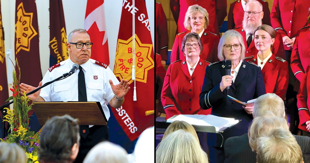 Man speaking at podium; woman speaking in front of choir