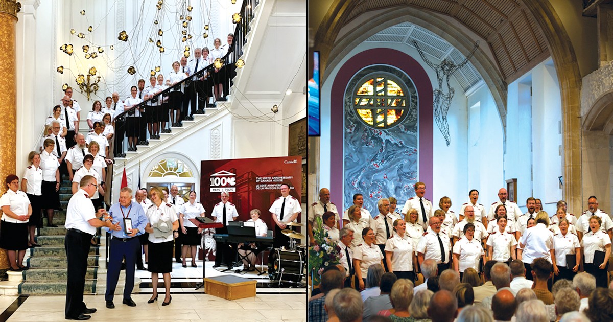 Choir stands on a staircase; choir sings in an old church