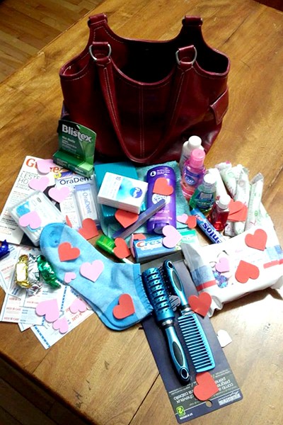 A purse filled with comfort items for survivors of human trafficking