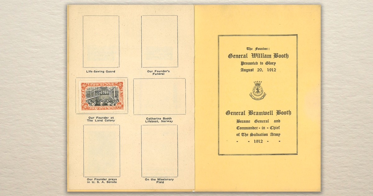 Two-page spread showing one stamp on the left page, and a back cover on the right page