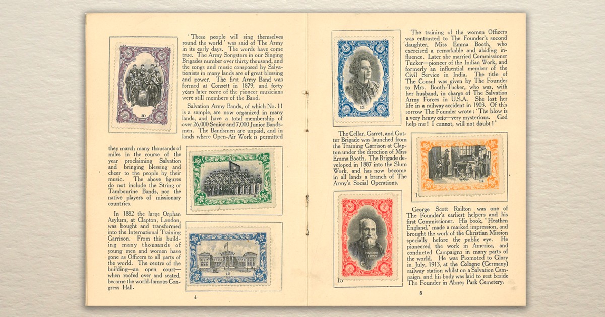 Two pages of stamps and text