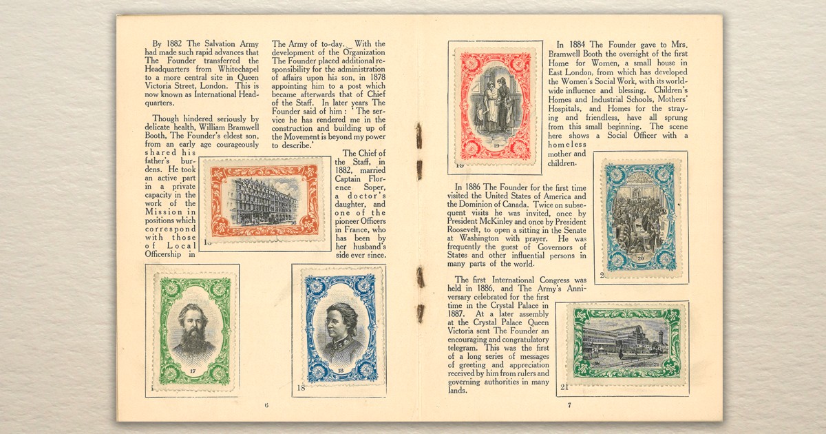 Two pages of stamps and text