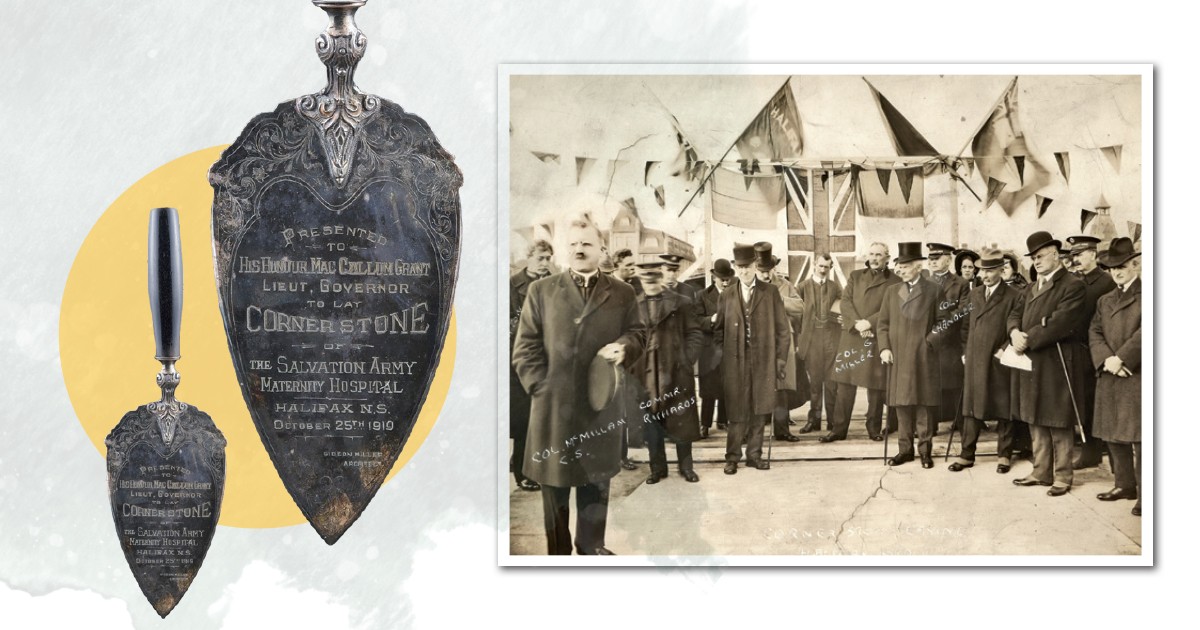Trowel and photo of groundbreaking for Salvation Army maternity hospital in Halifax